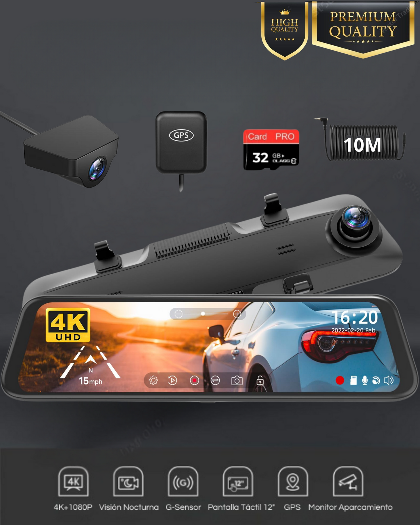Espejo Retrovisor con Doble Cámara Full HD