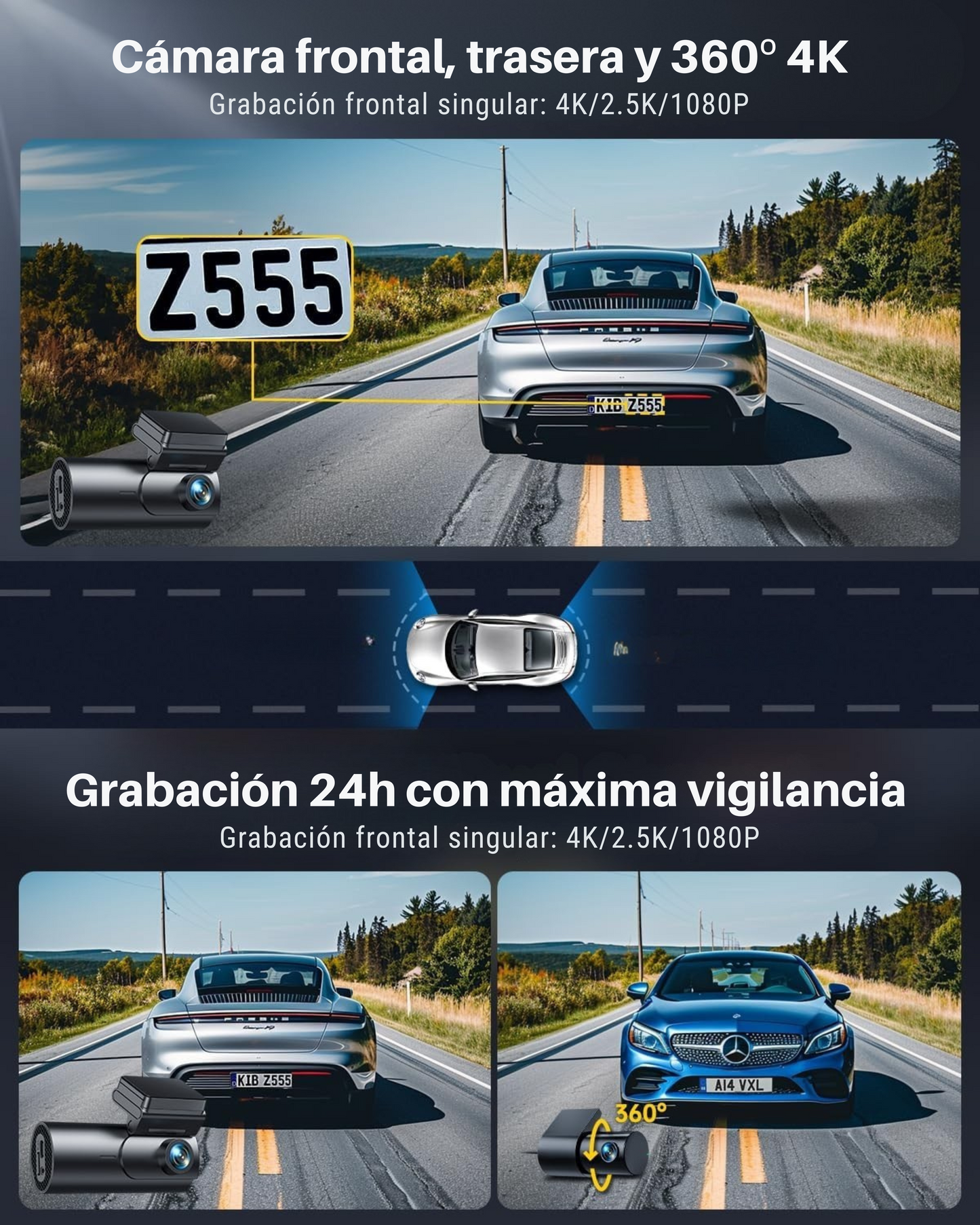Cámara Coche de Vigilancia | 3 Cámaras en 1 | Delantera | Trasera | 360ª