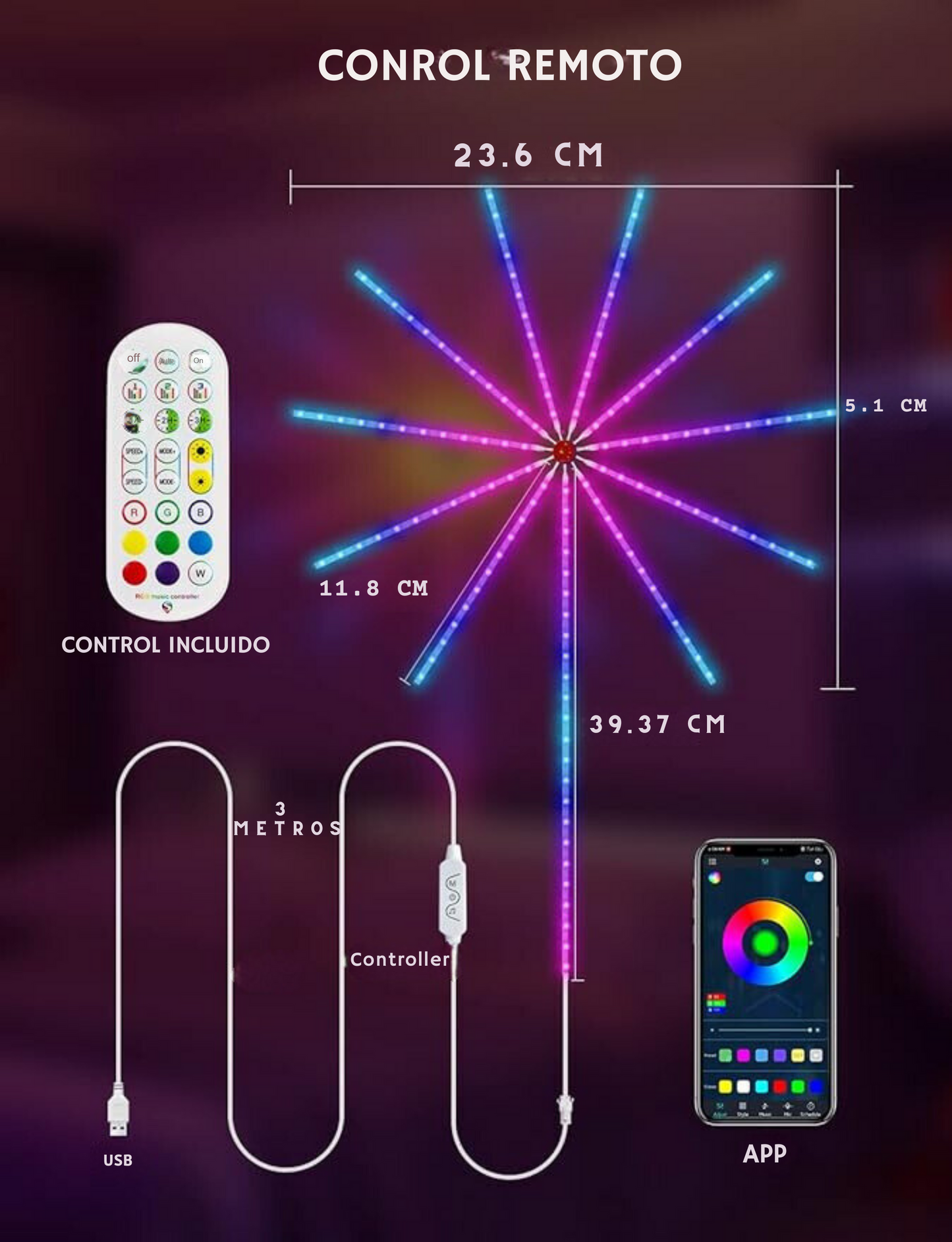 LUCES LED FUEGOS ARTIFICIALES Y SENSOR DE MUSICA
