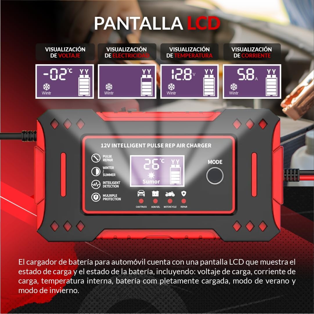 CarSolutions© Cargador Baterias Coche 12V6A | Cargador De Batería Carro/Moto con Función Inteligente