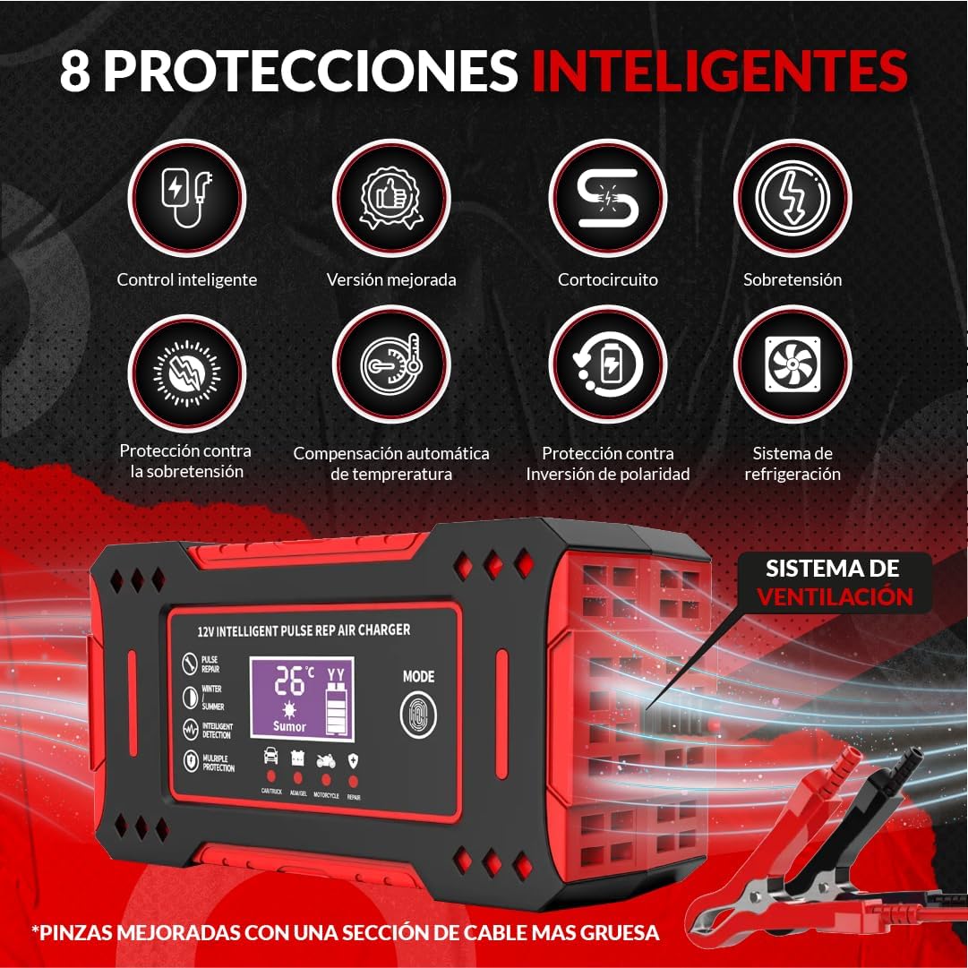 CarSolutions© Cargador Baterias Coche 12V6A | Cargador De Batería Carro/Moto con Función Inteligente